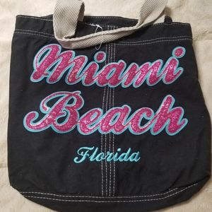 Sparkly MIAMI BEACH Florida Canvas Tote Bag, 13" x 14" x 3" FL Suvenior